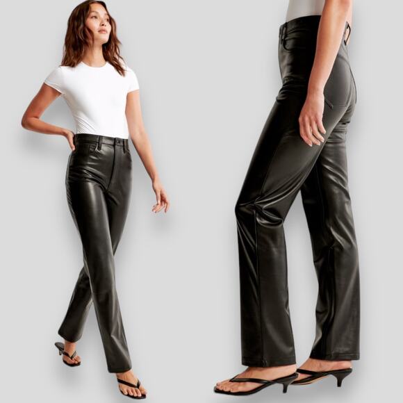 NWT ABERCROMBIE PANTS 20L TALL BLACK LEATHER VEGAN 90S STRAIGHT ULTRA HIGH RISE - Picture 1 of 10